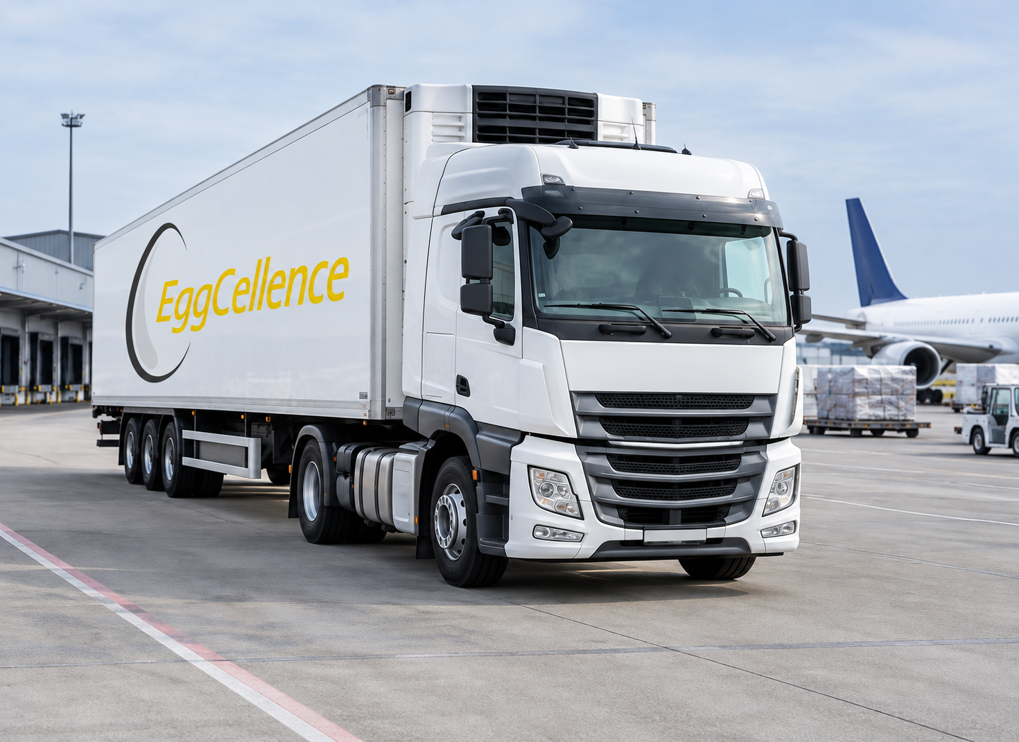 Refrigerated transport vehicle on an airport cargo apron, with an aircraft and palletised air freight alongside